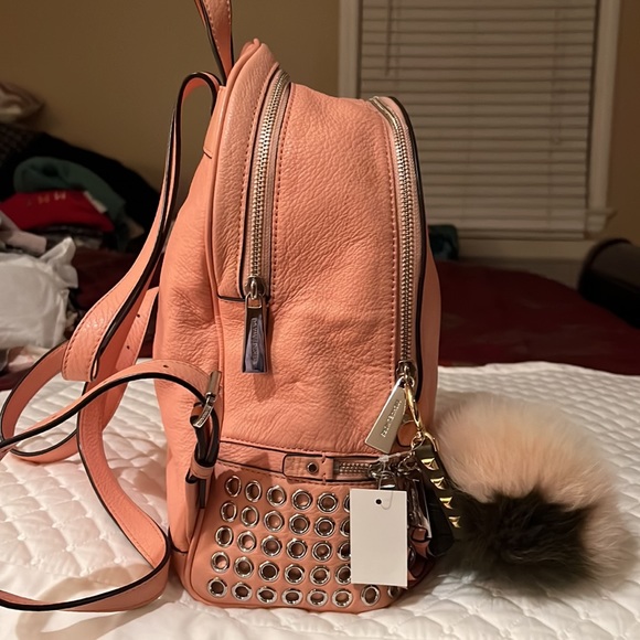 Michael Kors Rhea Medium Silver-Ringed Backpack with Fur Pompom in Coral… - Picture 7 of 14